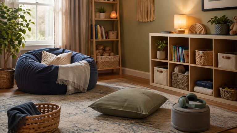 Calm autism-friendly home space with a cozy quiet corner, soft cushions, headphones, books, and organized storage bins.
