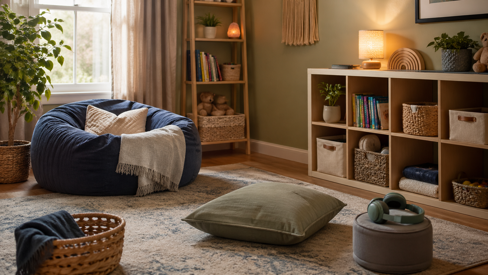Calm autism-friendly home space with a cozy quiet corner, soft cushions, headphones, books, and organized storage bins.