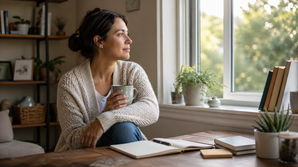 Adult sitting calmly by a window with a notebook and cup of tea, reflecting in a quiet home workspace.
