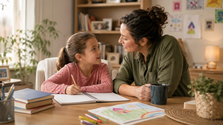 Parent and child sitting together at a table in a calm home setting with books, a notebook, and a child’s drawing nearby.