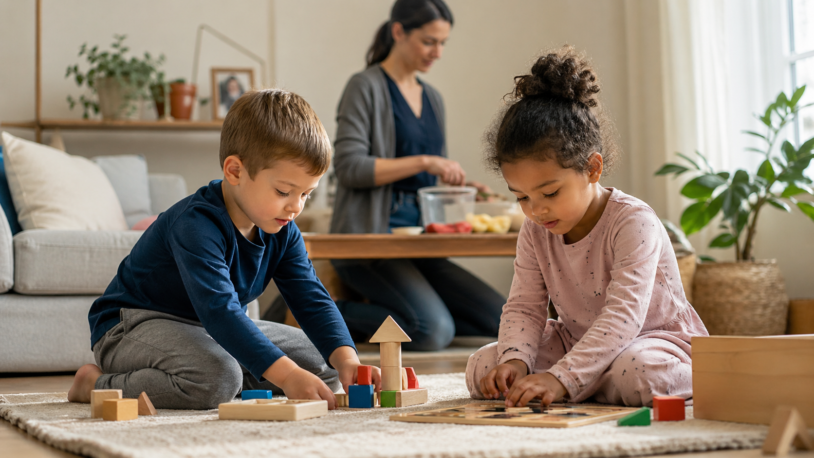 Two children playing calmly with blocks and a puzzle during a supervised playdate at home.