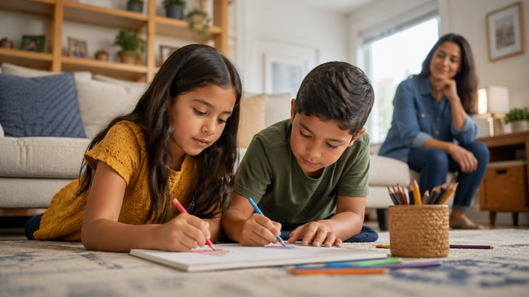 Two siblings drawing together on the floor at home while a parent watches nearby in a calm, supportive family setting.