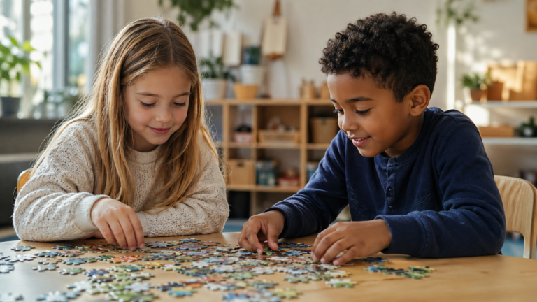 Two children working on a jigsaw puzzle together in a calm, supportive classroom or home setting.