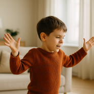 A joyful autistic boy flaps his hands like tiny wings, laughing as sunlight fills the cozy room — a beautiful moment of freedom and self-expression.