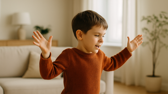 A joyful autistic boy flaps his hands like tiny wings, laughing as sunlight fills the cozy room — a beautiful moment of freedom and self-expression.