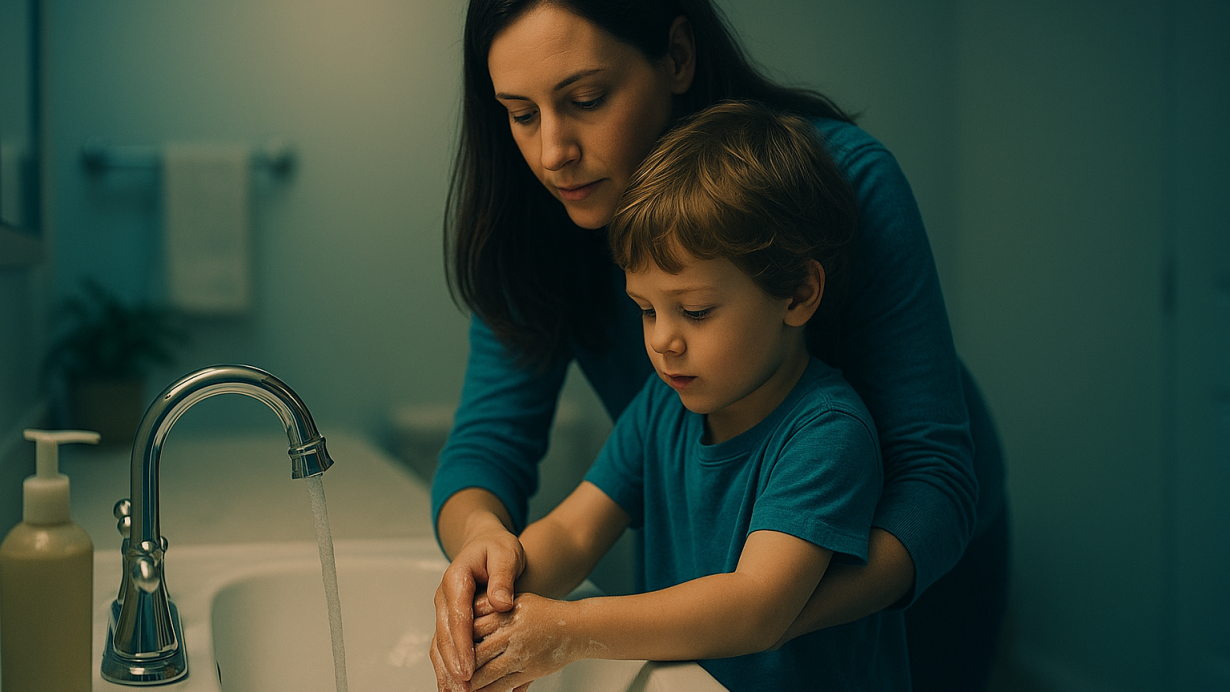 Parent assisting autistic child with handwashing in a softly lit, teal-toned bathroom, symbolizing self-care and independence.