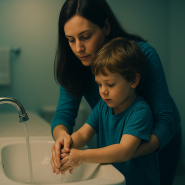 Parent assisting autistic child with handwashing in a softly lit, teal-toned bathroom, symbolizing self-care and independence.