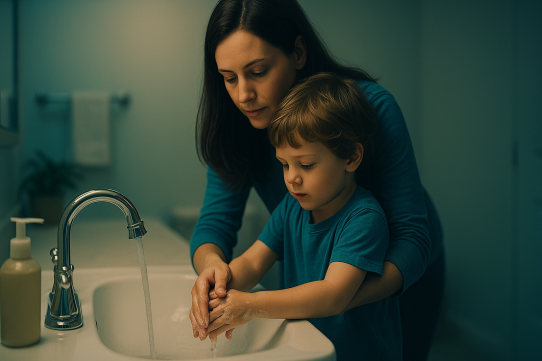 Parent assisting autistic child with handwashing in a softly lit, teal-toned bathroom, symbolizing self-care and independence.