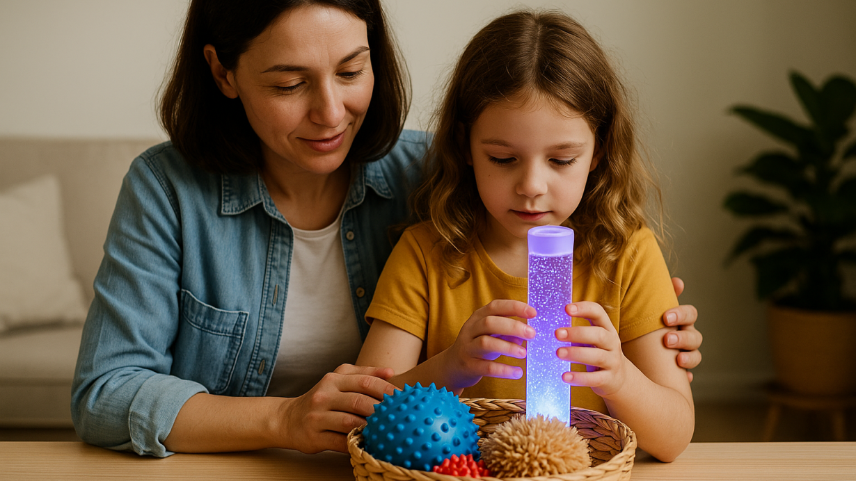 Parent and autistic child engaging with sensory toys and a glowing light tube in a calm, warm home setting.