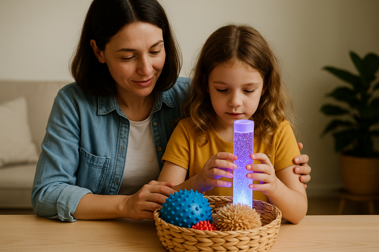 Parent and autistic child engaging with sensory toys and a glowing light tube in a calm, warm home setting.
