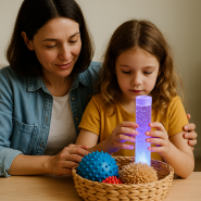 Parent and autistic child engaging with sensory toys and a glowing light tube in a calm, warm home setting.