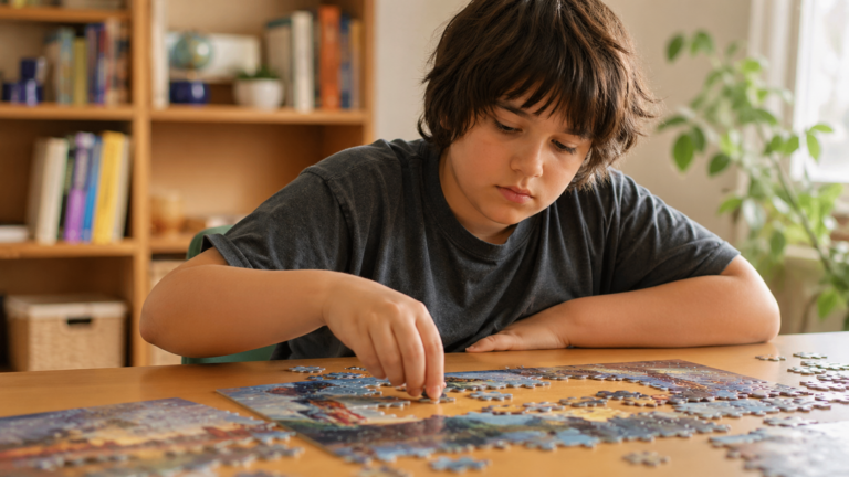Child focused on a jigsaw puzzle at a table in a calm, supportive home environment.