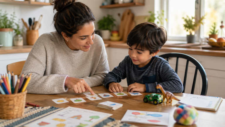 Parent supporting a young child with visual cards, toys, and learning materials at a calm kitchen table.
