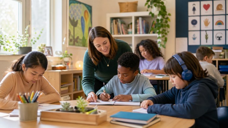 Teacher supporting students during a calm classroom activity with notebooks, pencils, visual supports, and sensory-friendly headphones nearby.
