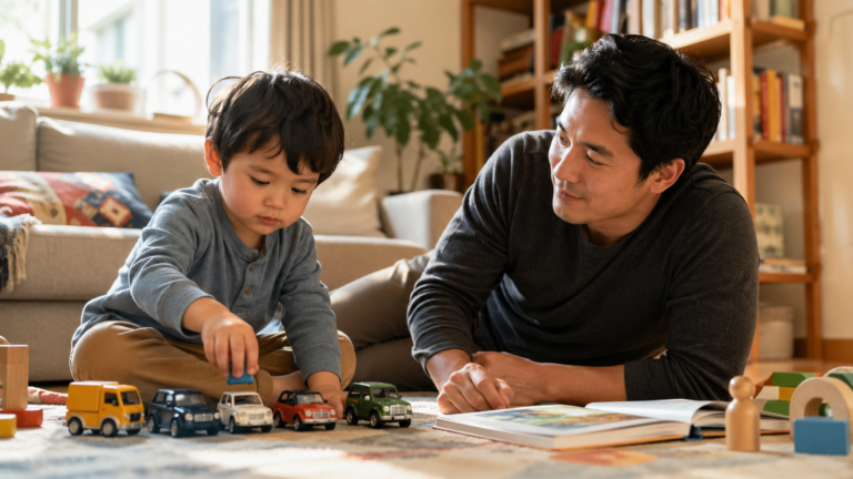 Parent gently observing a young child lining up toy cars during calm play at home.