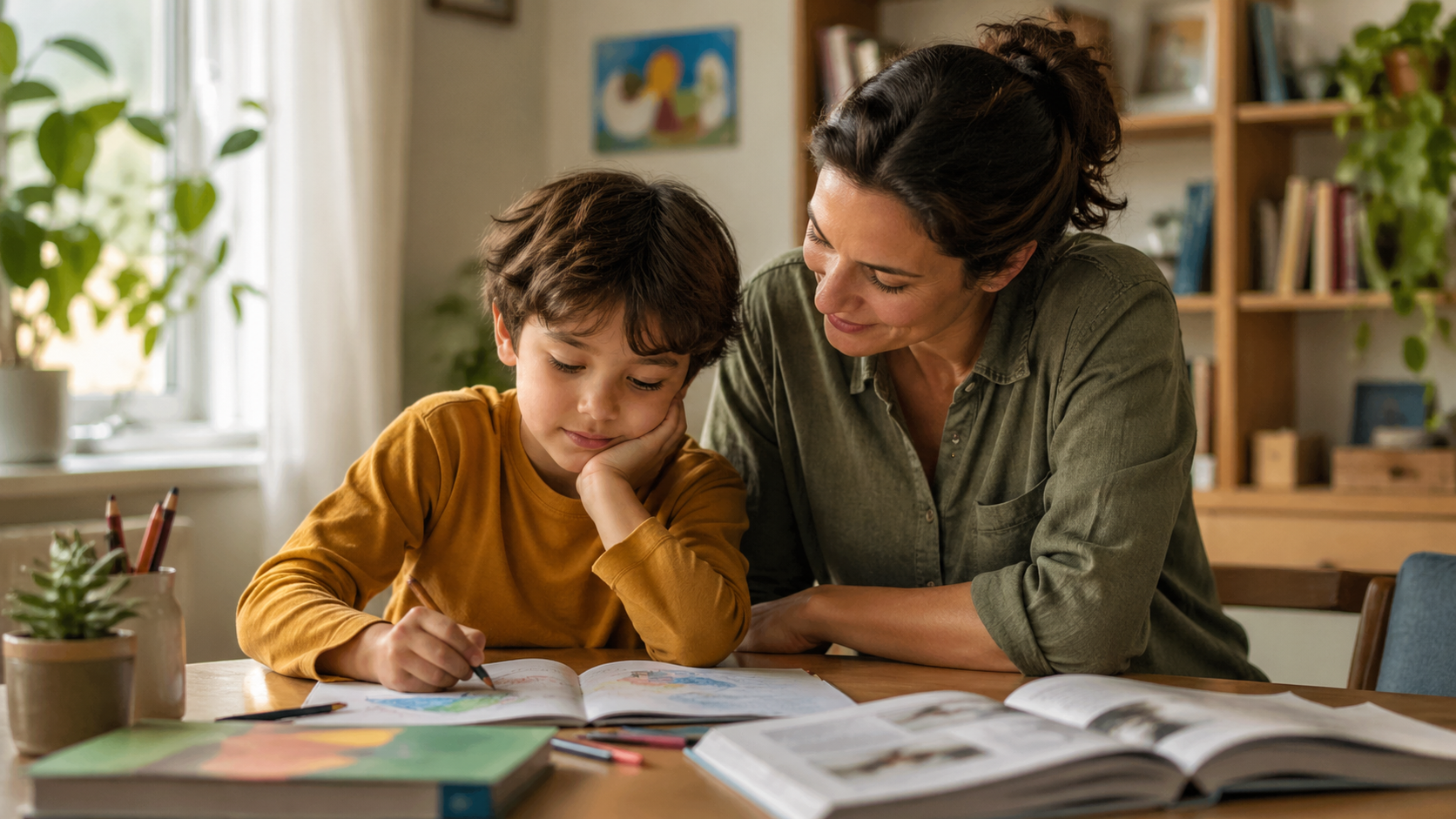 Parent and child sitting together in a calm learning space with books, drawings, and soft natural light.