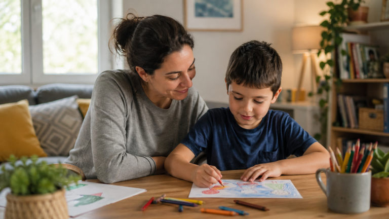 Parent and autistic child drawing together at a table in a calm, supportive home setting.