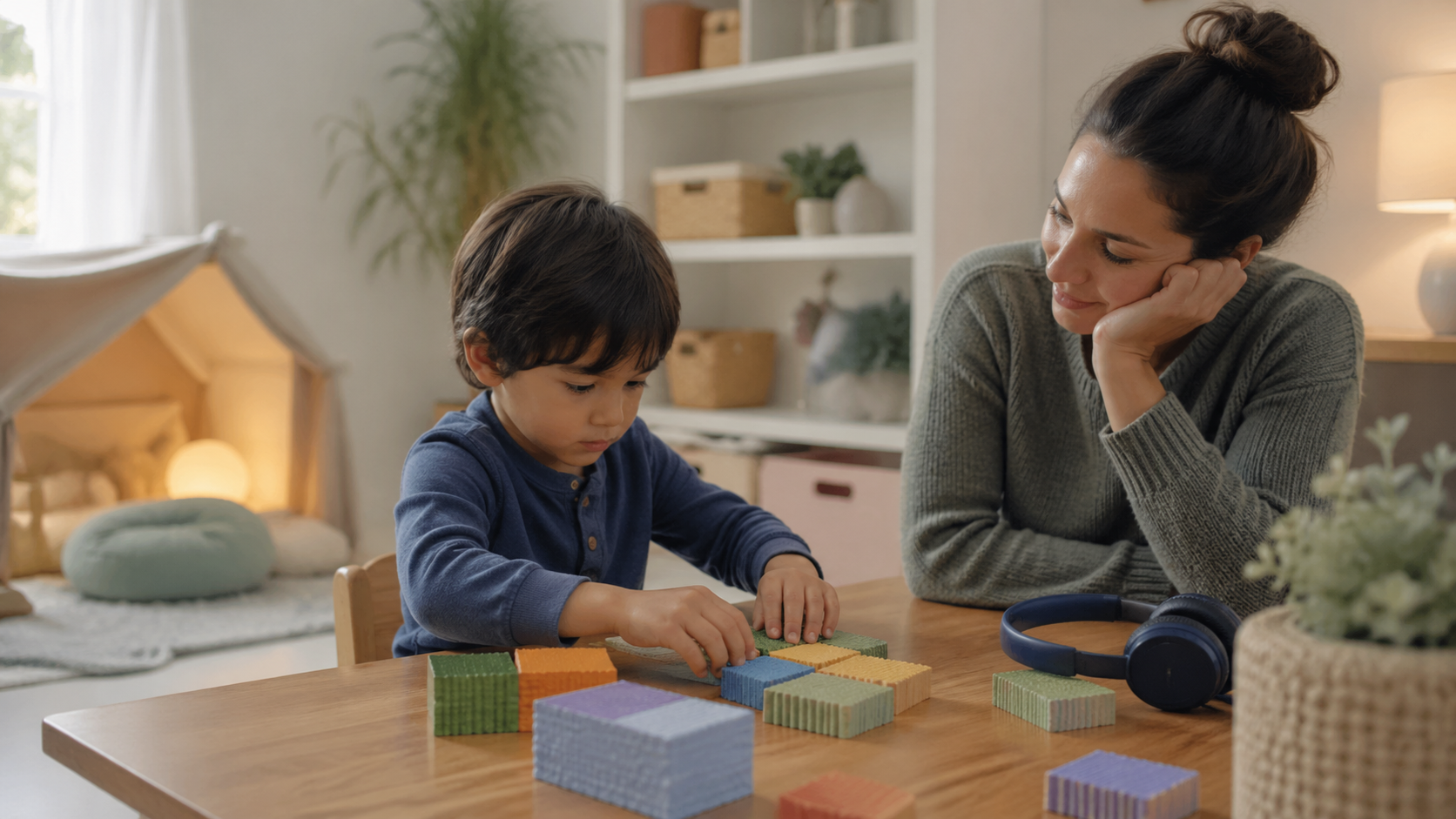 Parent observing a young child arranging textured blocks in a calm sensory-friendly home setting.
