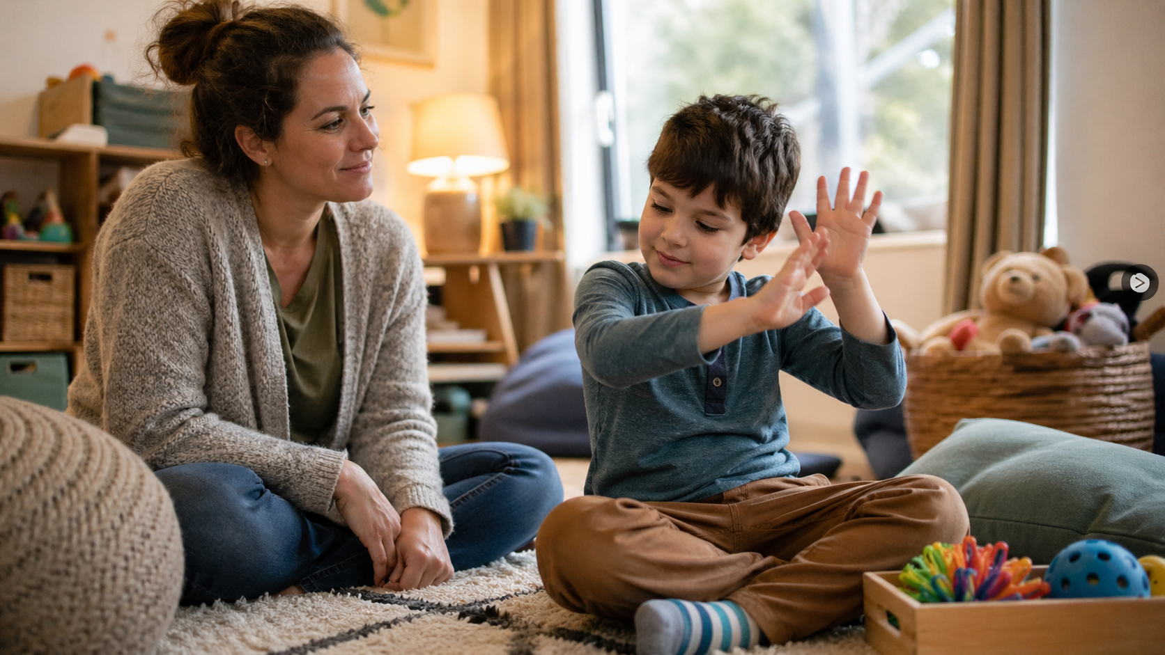 Autistic child calmly stimming with a supportive parent nearby in a cozy home setting.
