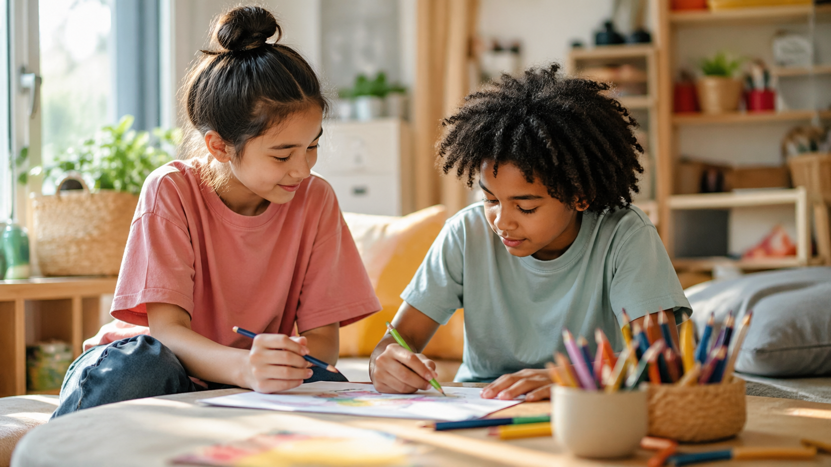 Two children drawing together side by side in a calm, supportive home setting.