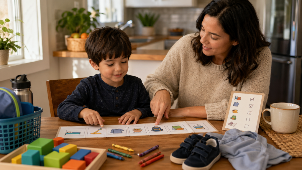 Parent and young child using a simple visual schedule together at a kitchen table with picture cards and daily routine items.