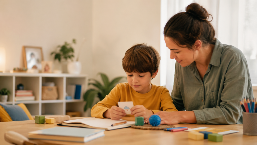 Parent sitting with a young child at a table with books, visual cards, and sensory-friendly learning materials.