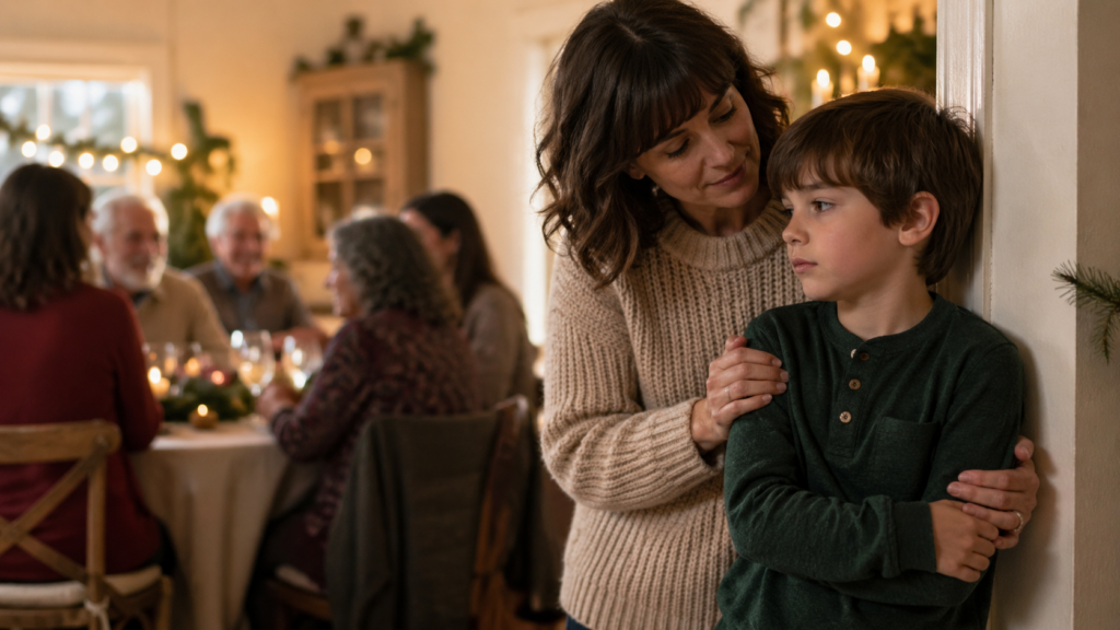 Parent gently supporting a young child beside a busy holiday family gathering at home.