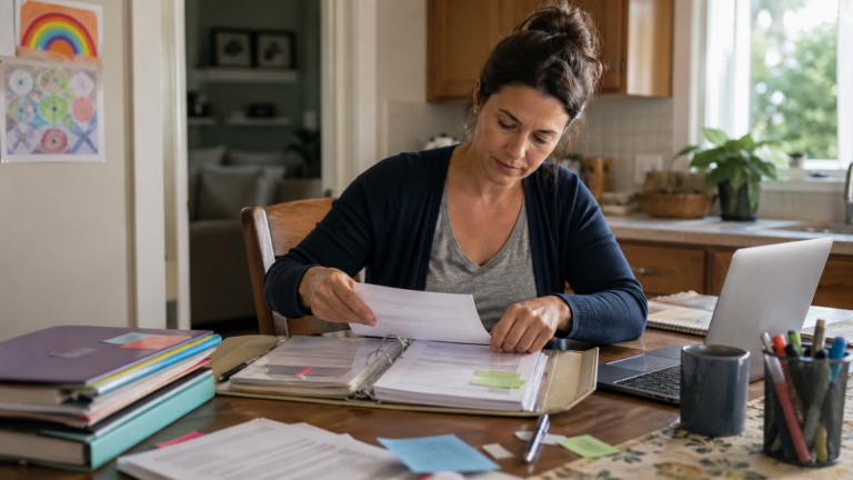 Parent organizing an autism support binder with school papers, folders, sticky notes, and a laptop at a calm home workspace.