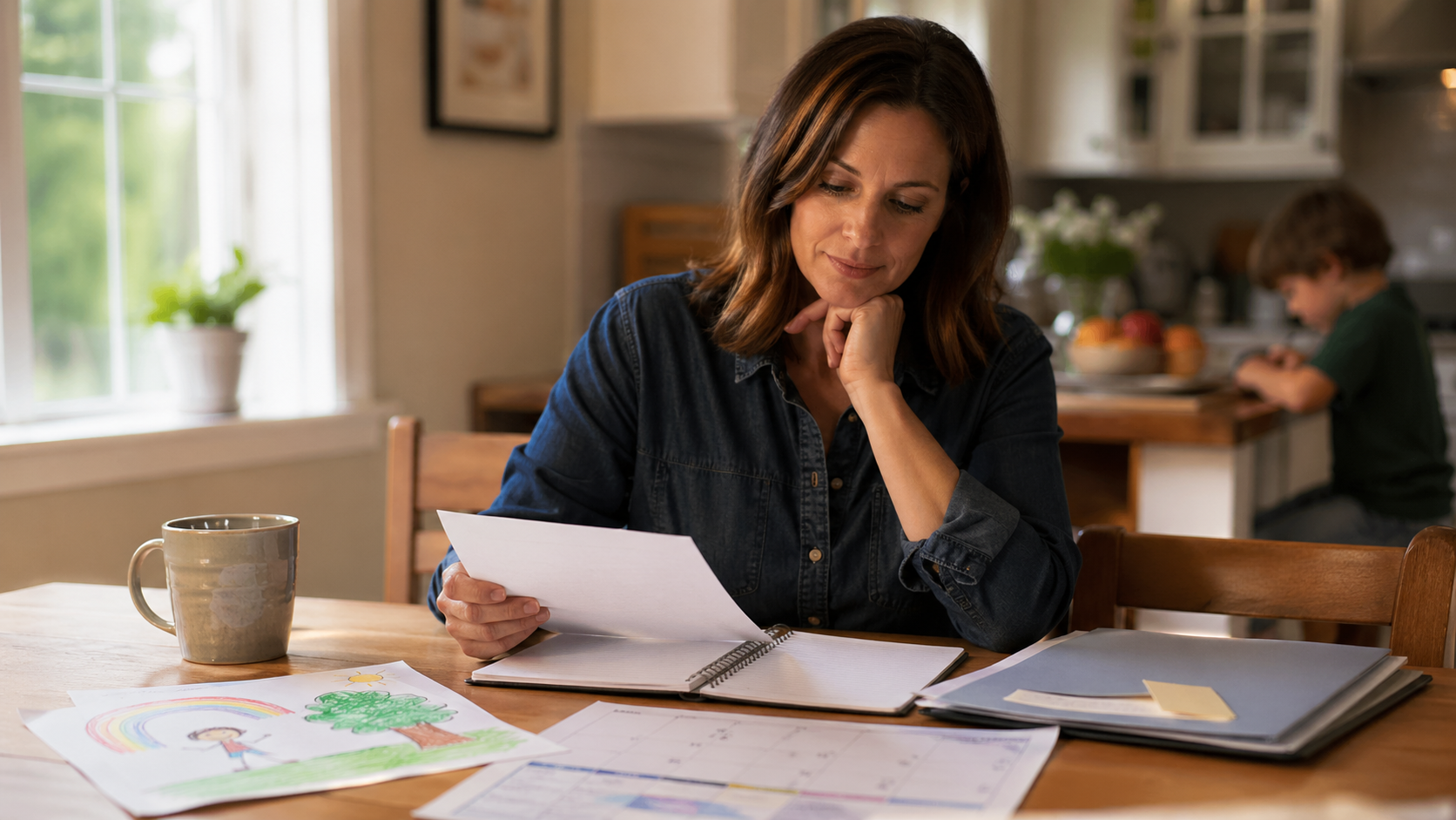 Parent reviewing papers at a kitchen table after a child’s autism diagnosis, with a notebook, folder, calendar, and child’s drawing nearby.