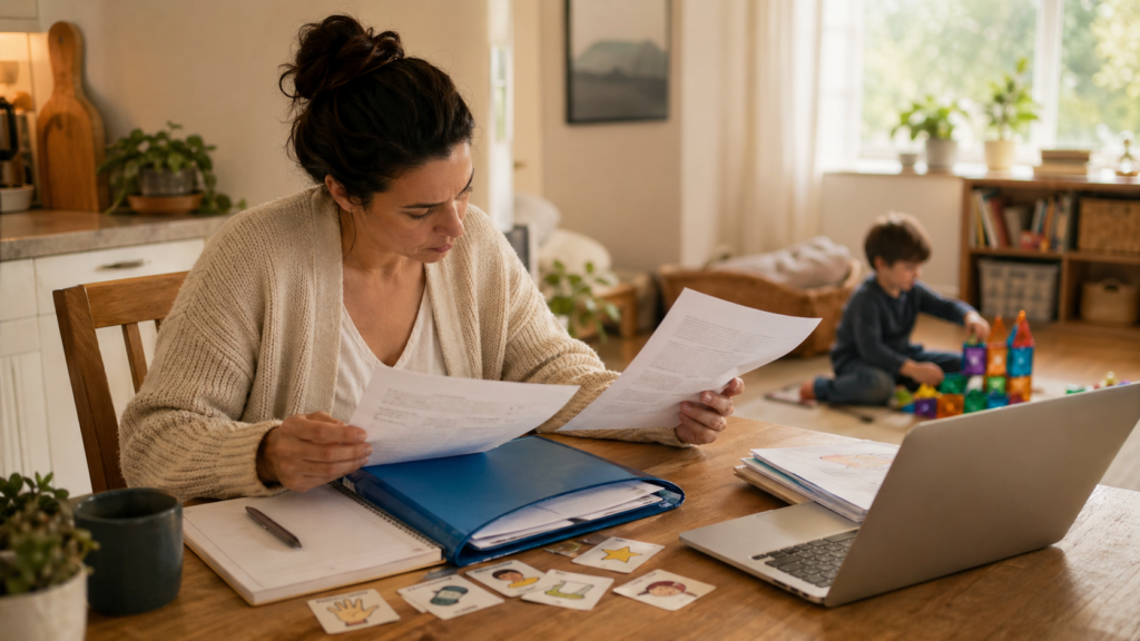 Parent reviewing autism diagnosis and Ontario resource documents at a kitchen table while a child plays quietly with blocks nearby.