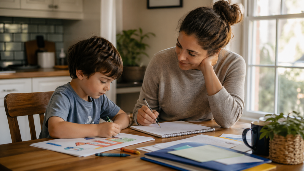 Parent sitting with a young child at a kitchen table, reviewing notes while the child draws in a calm home setting.