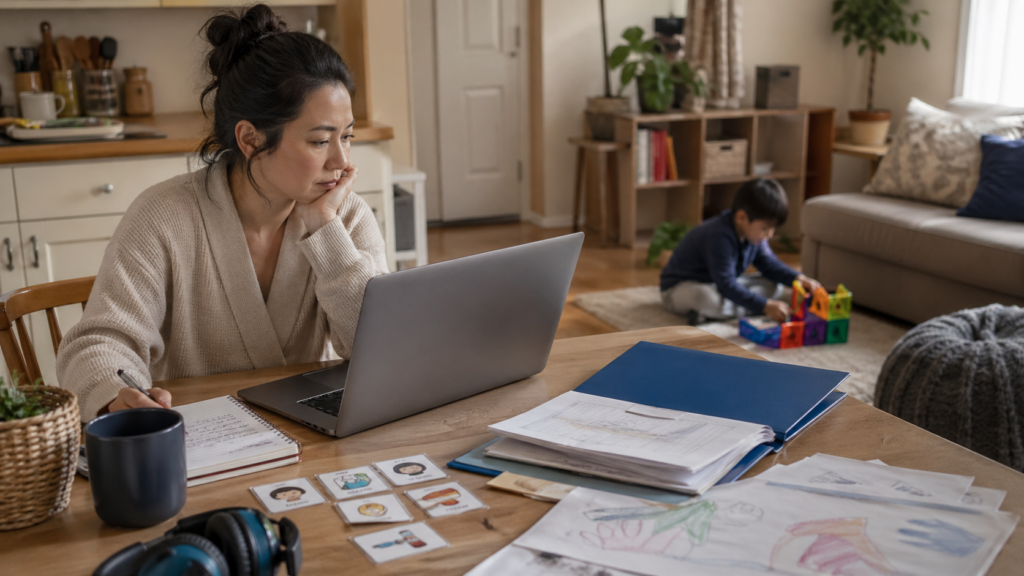 Parent reviewing Ontario Autism Program documents on a laptop while a child plays quietly with sensory-friendly toys nearby.