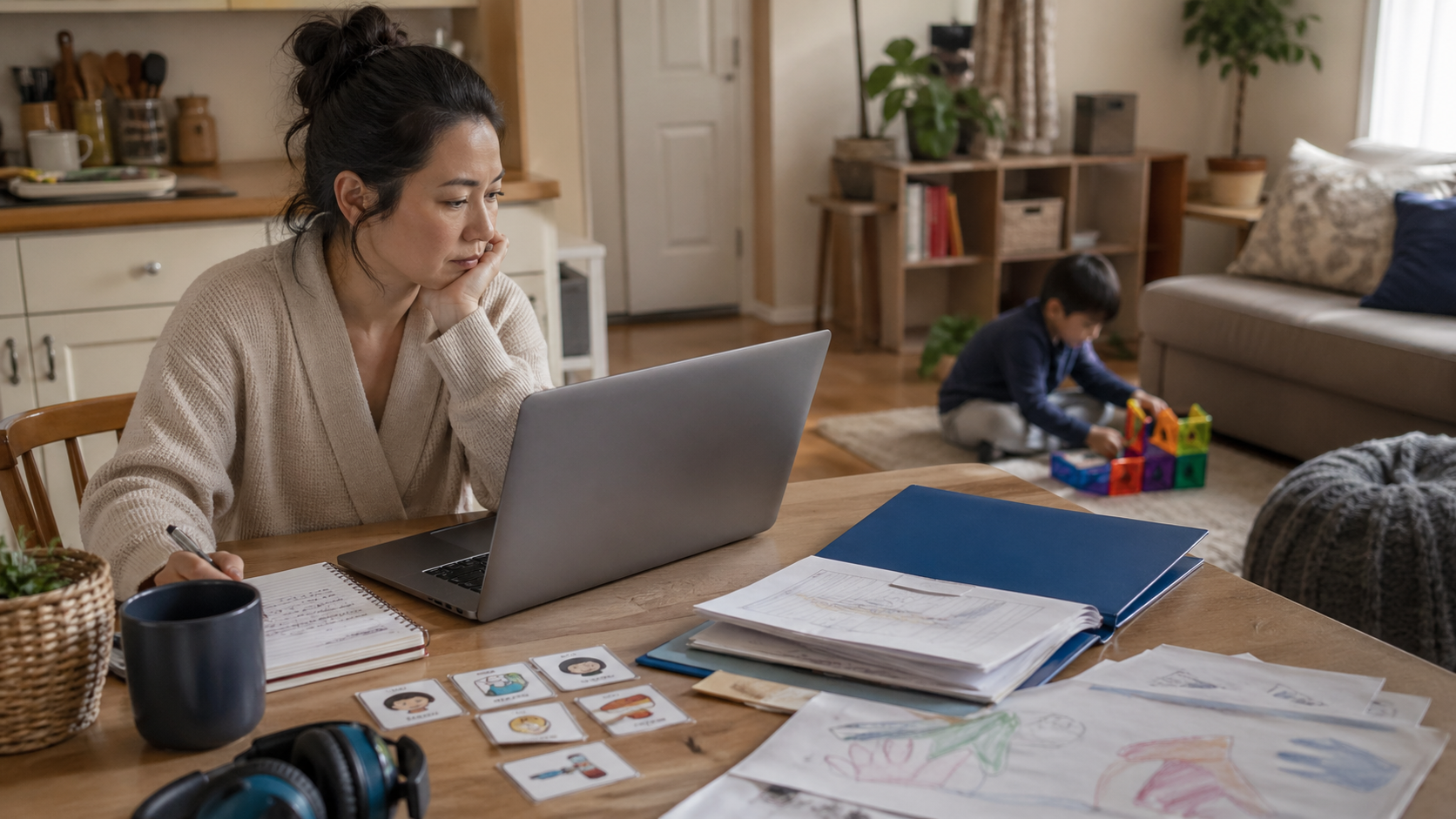 Parent reviewing Ontario Autism Program documents on a laptop while a child plays quietly with sensory-friendly toys nearby.