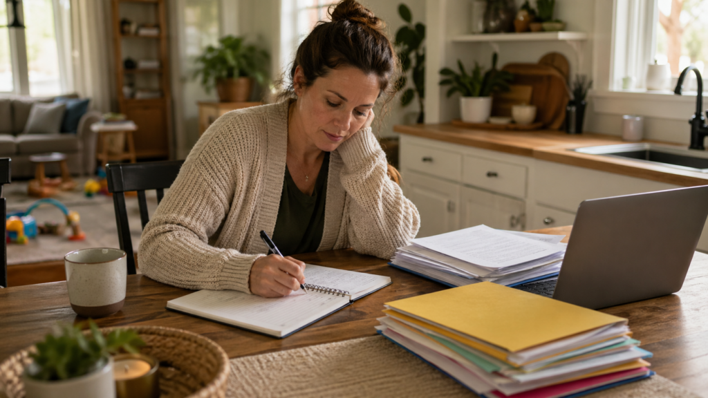 Parent writing questions in a notebook after an autism diagnosis, with folders, papers, and a laptop on a calm kitchen table.