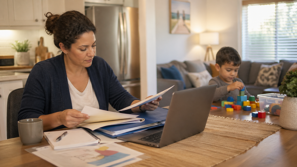 Parent organizing autism service documents at a kitchen table while a child plays quietly with blocks nearby.